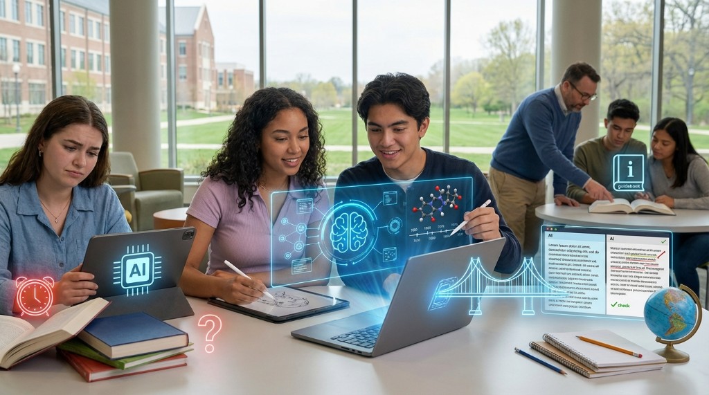 Grupo de estudantes usando laptops e tablets com interfaces holográficas de IA em sala de estudos moderna