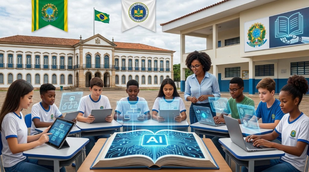 Escola pública brasileira com alunos usando tablets e IA, ao fundo prédio histórico e bandeira do Brasil