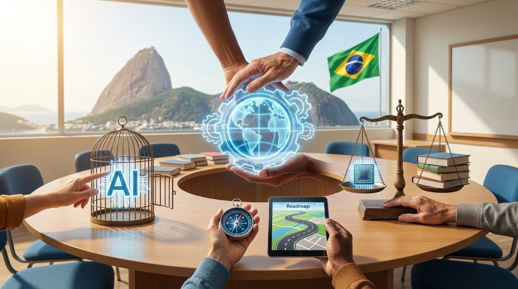 Mesa de reunião com bandeira do Brasil, balança da justiça, globo tecnológico e tablet com roadmap representando regulamentação de IA